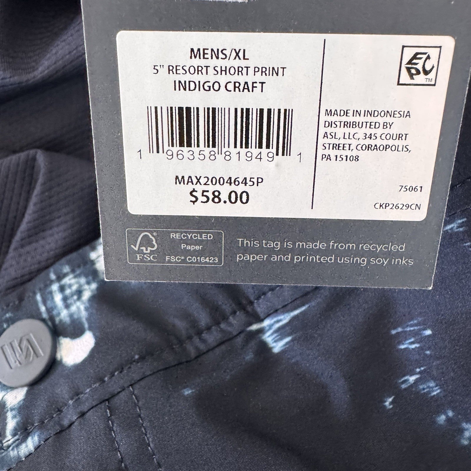 VRST Men's XL 5" Resort Short Indigo Craft Print NWT Slim Fit Lined Hybrid Swim