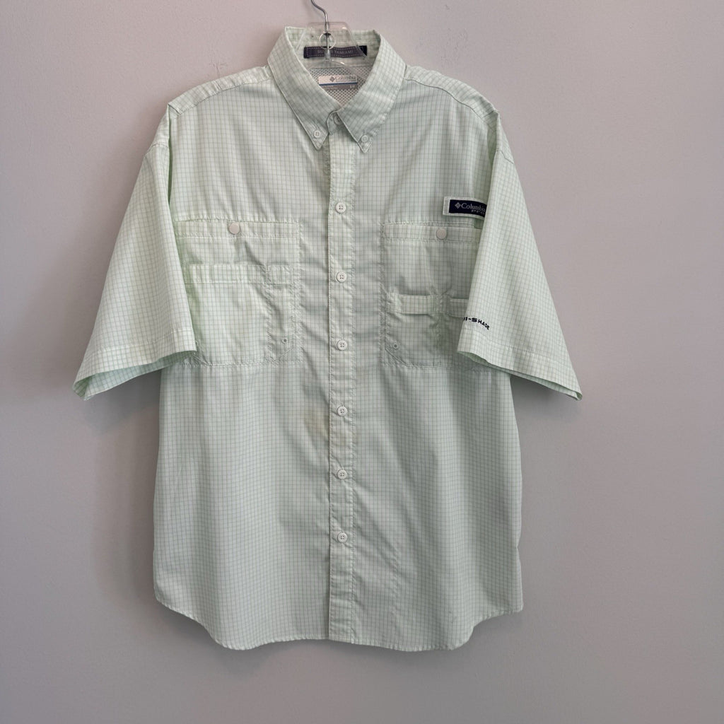 Columbia PFG Super Tamiami Shirt Mens Small S Mint Green Plaid Fishing S/S