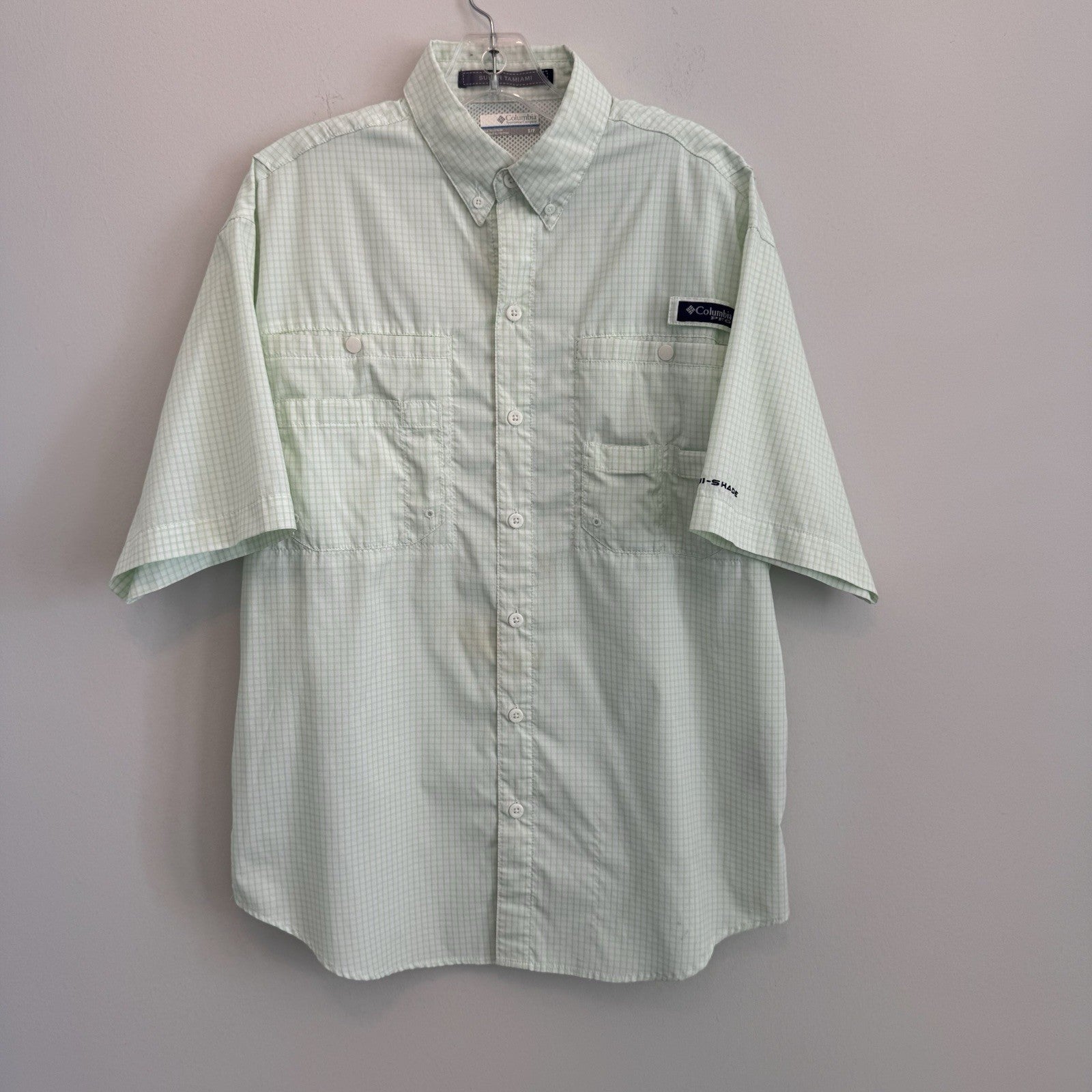 Columbia PFG Super Tamiami Shirt Mens Small S Mint Green Plaid Fishing S/S