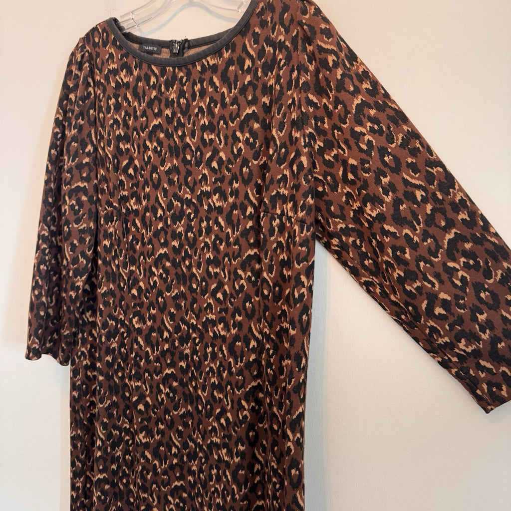 Talbots Leopard Print A-Line Dress Size 14 Faux Leather Trim 3/4 Sleeve