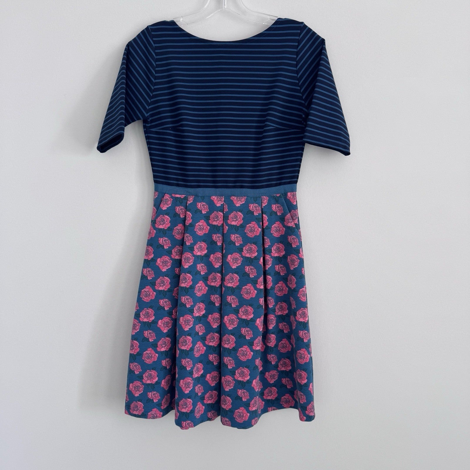 Matilda Jane Small Dress Blue Pink Floral Striped Modest Fit & Flare Pockets