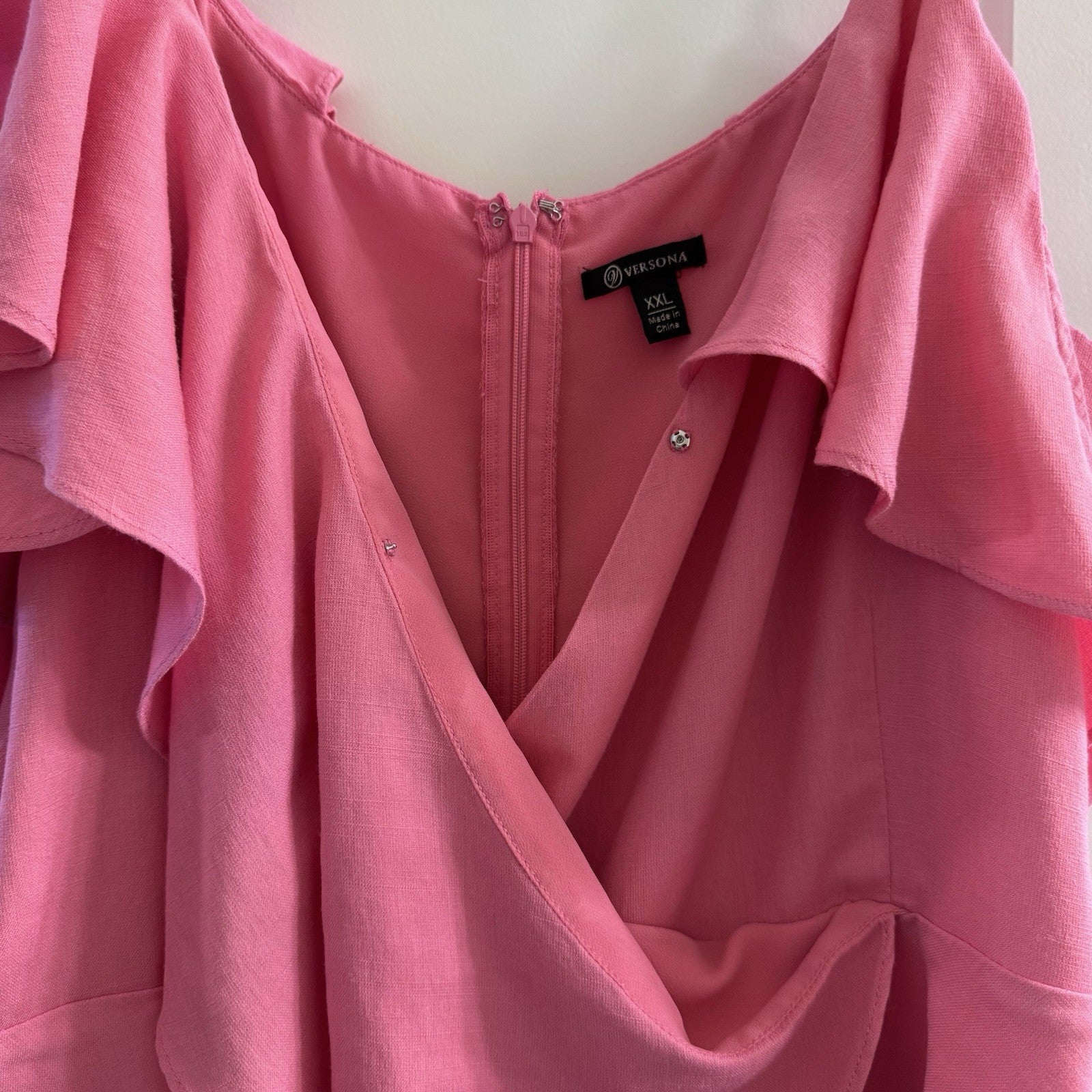 Versona Pink Ruffle Cold Shoulder Blouse XXL Asymmetrical Neckline Feminine 