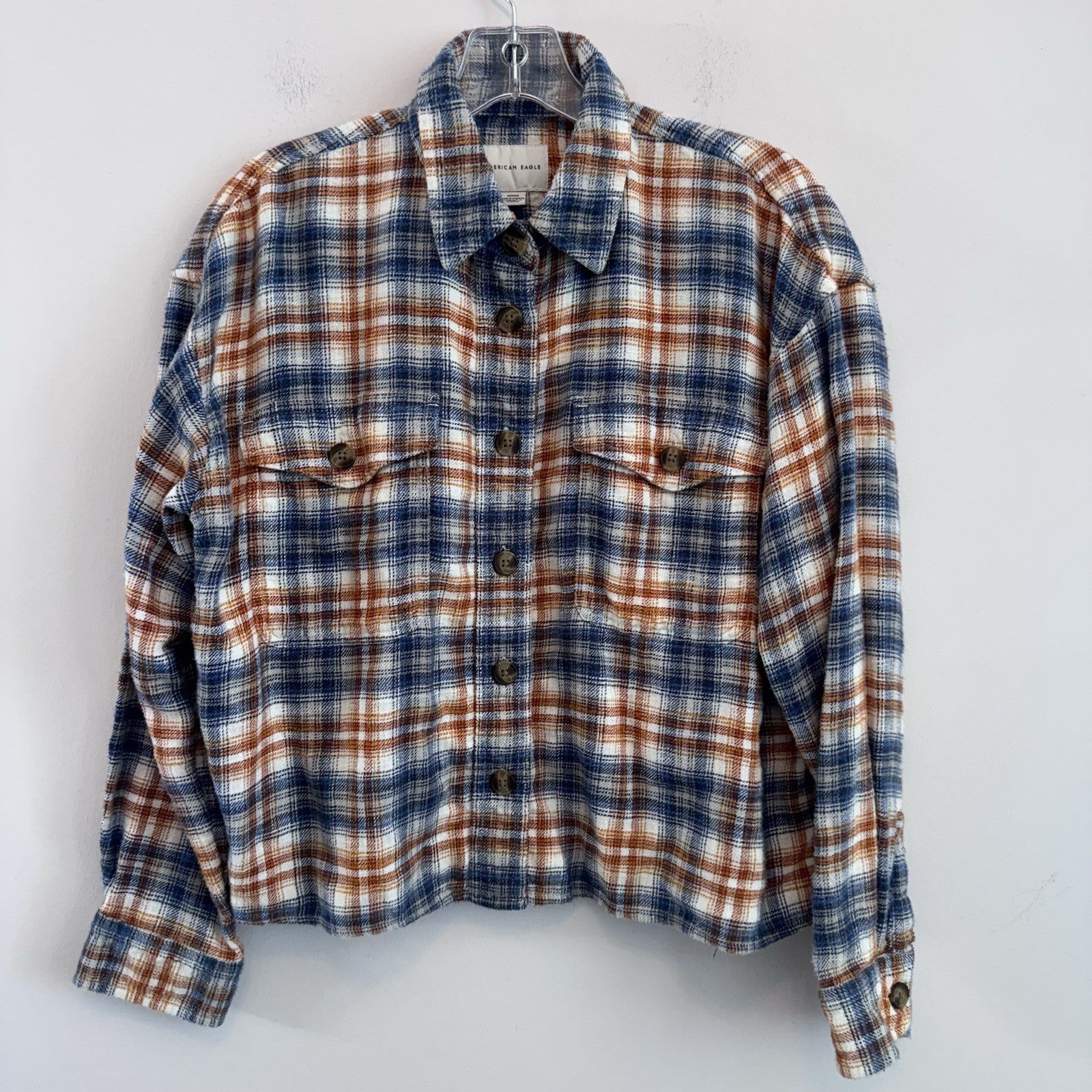 American Eagle Flannel Shirt Womens M Blue Brown Plaid Shacket Crop