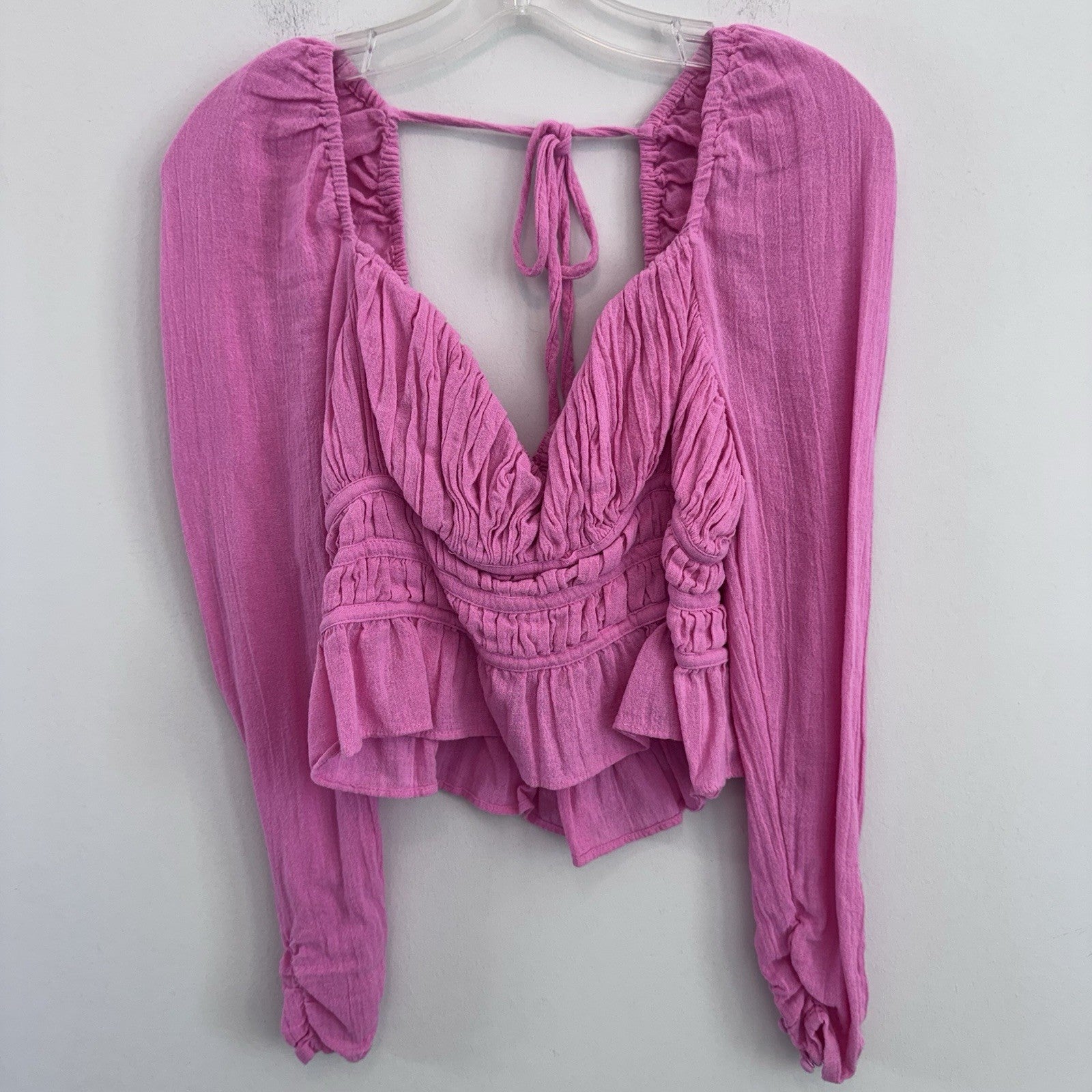 Free People Pink Boho Peasant Crop Top M Ruched Long Sleeve Cotton Womens