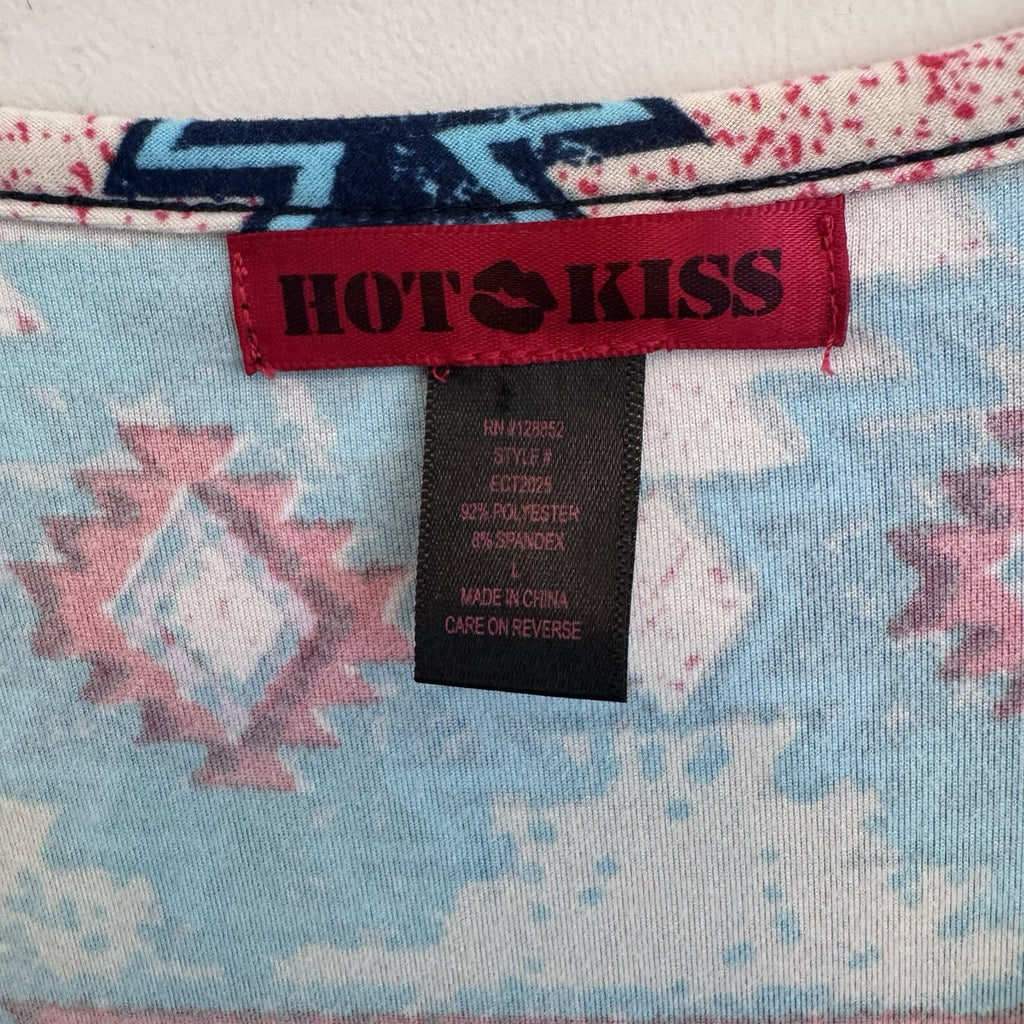 Hot Kiss Maxi Dress Large Boho Aztec Tribal Print Side Slit 3/4 Sleeve