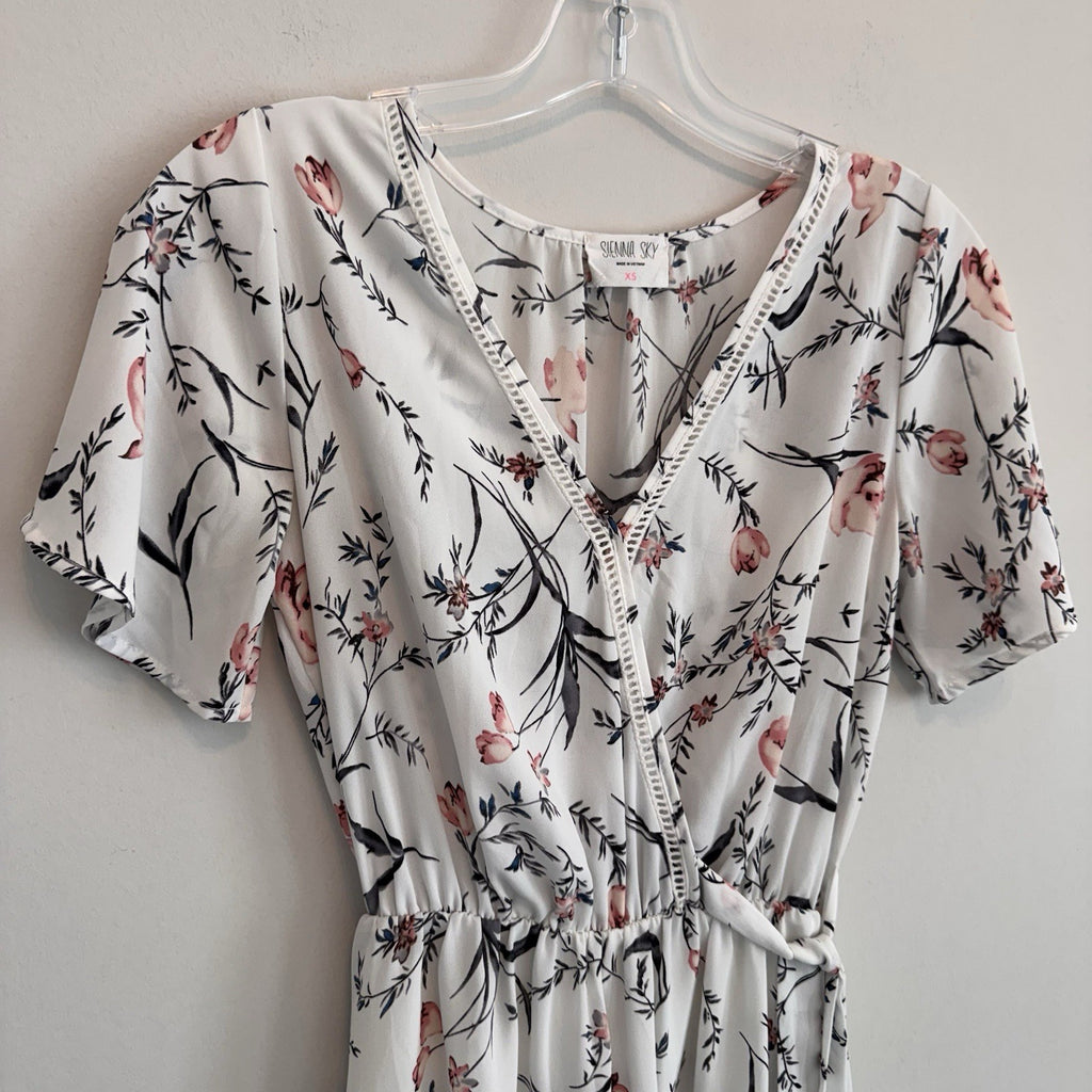 Sienna Sky Floral Wrap Dress XS White Pink Boho Summer Mini Women’s Boutique