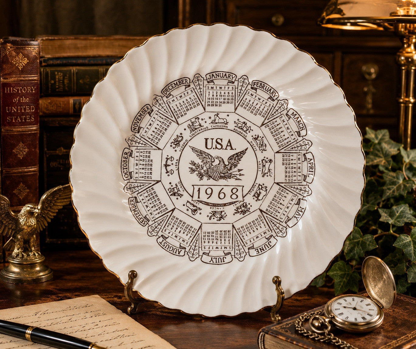 Sheffield Bone White 1967 Calendar Zodiac Signs Decorative Plate Gold Trim 10.25
