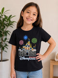 Hong Kong Disneyland Castle Fireworks Kids XS Black Graphic T-Shirt Disney Rare