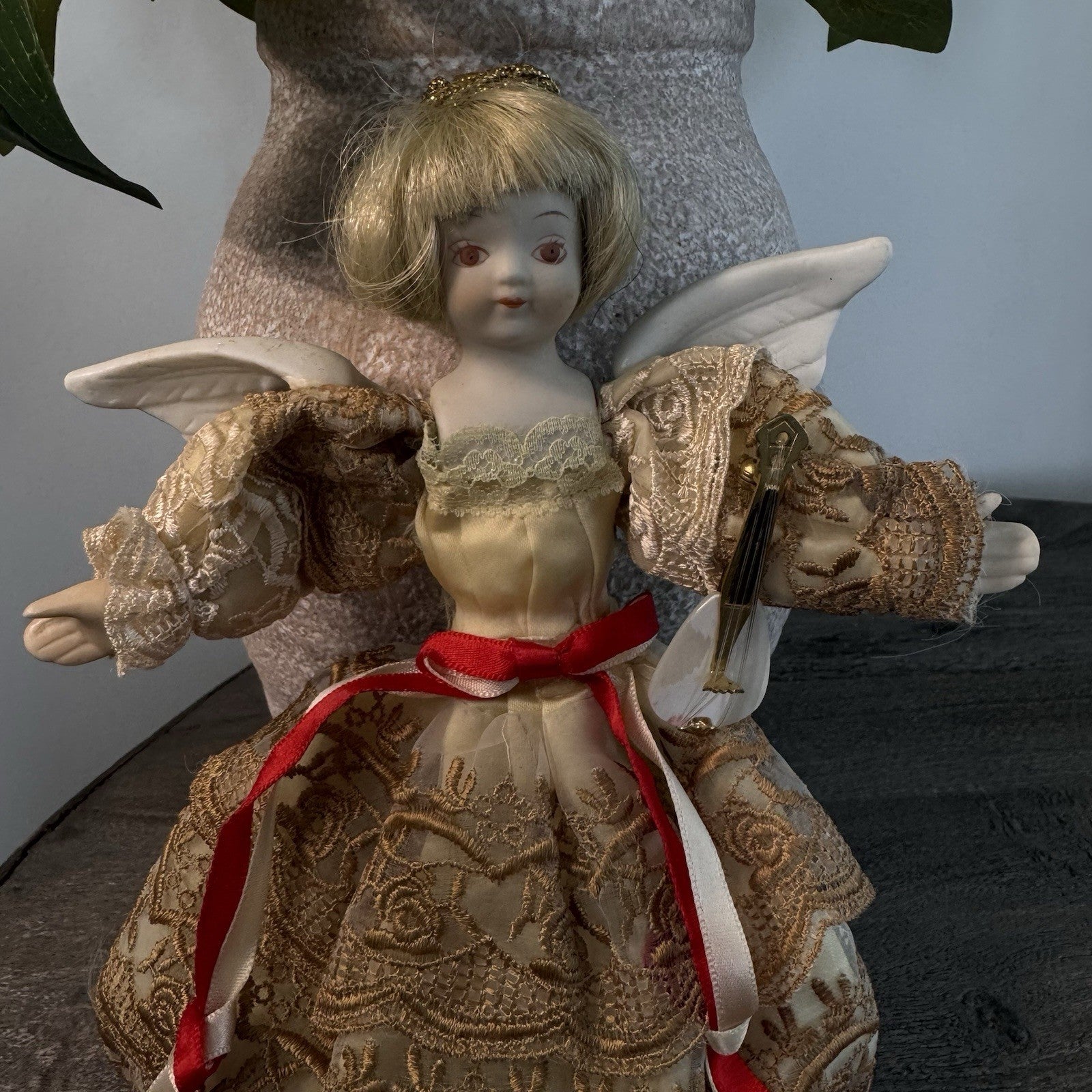 Vintage Bisque Porcelain Angel Doll 8" Gold Lace Dress Musical Lute Tree Topper