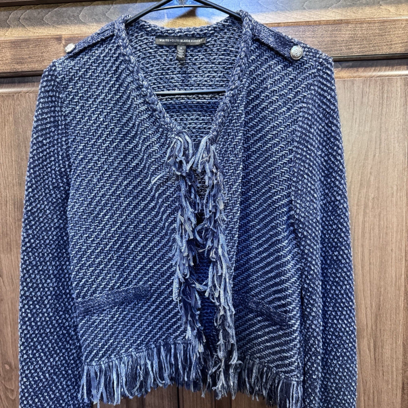White House Black Market Women’s Fringe Tweed Knit Jacket Small Blue Open Front