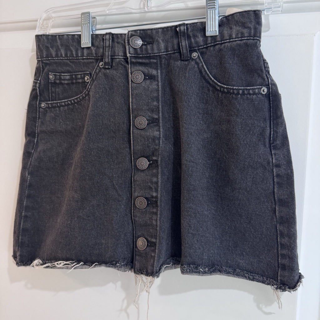 Pull&Bear Black Button Front Denim Mini Skirt Raw Hem Size 26