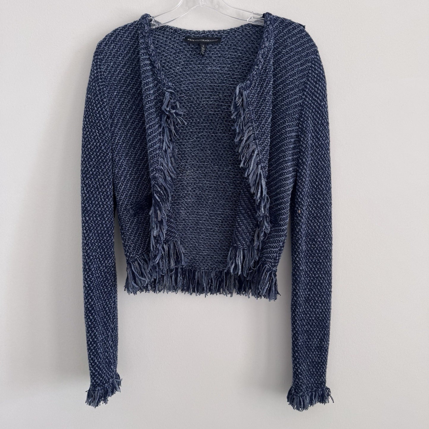 White House Black Market Fringe Knit Cardigan Blue Small Open Front