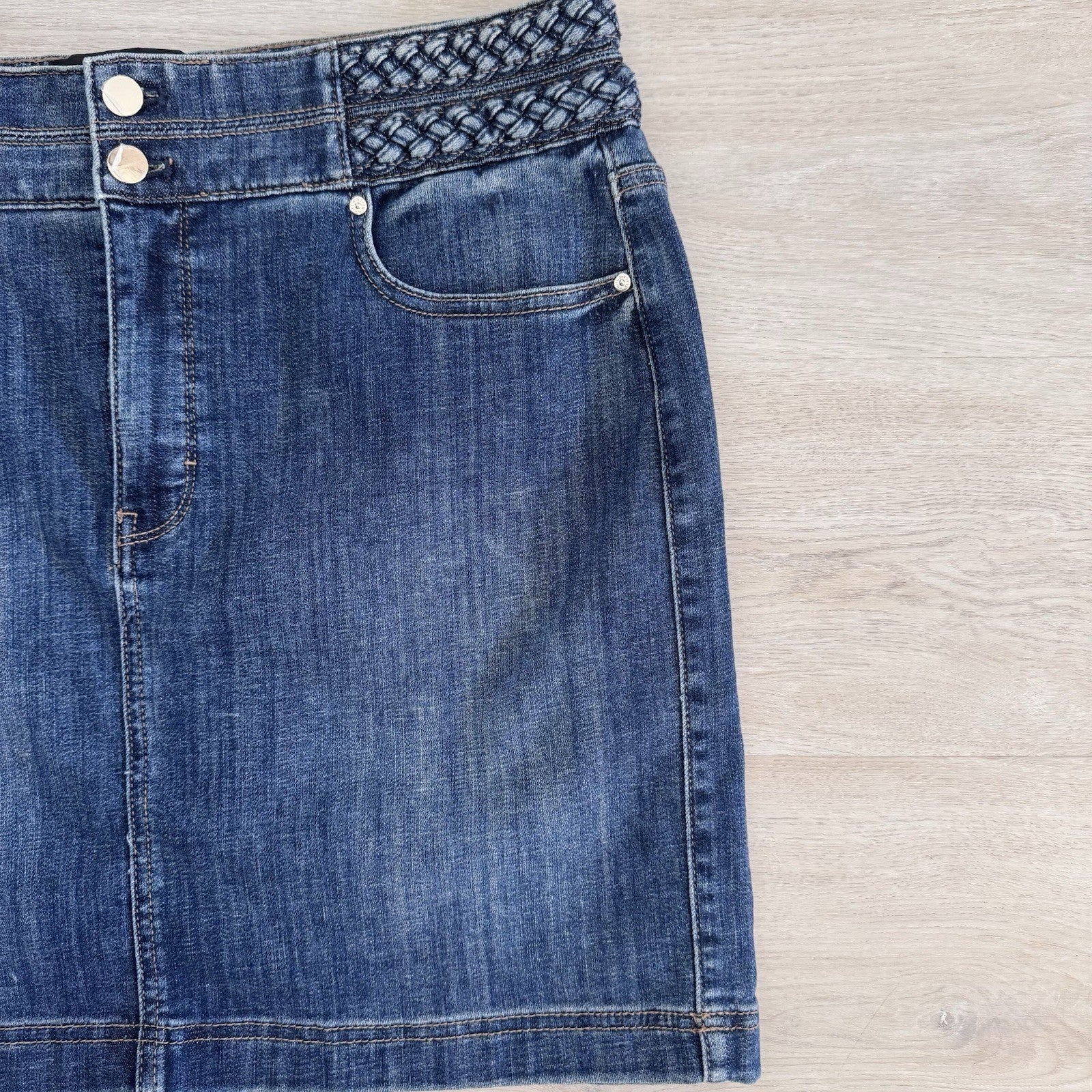WHBM Denim Mini Skirt 14 Braided Waist Provence Authentic NWT