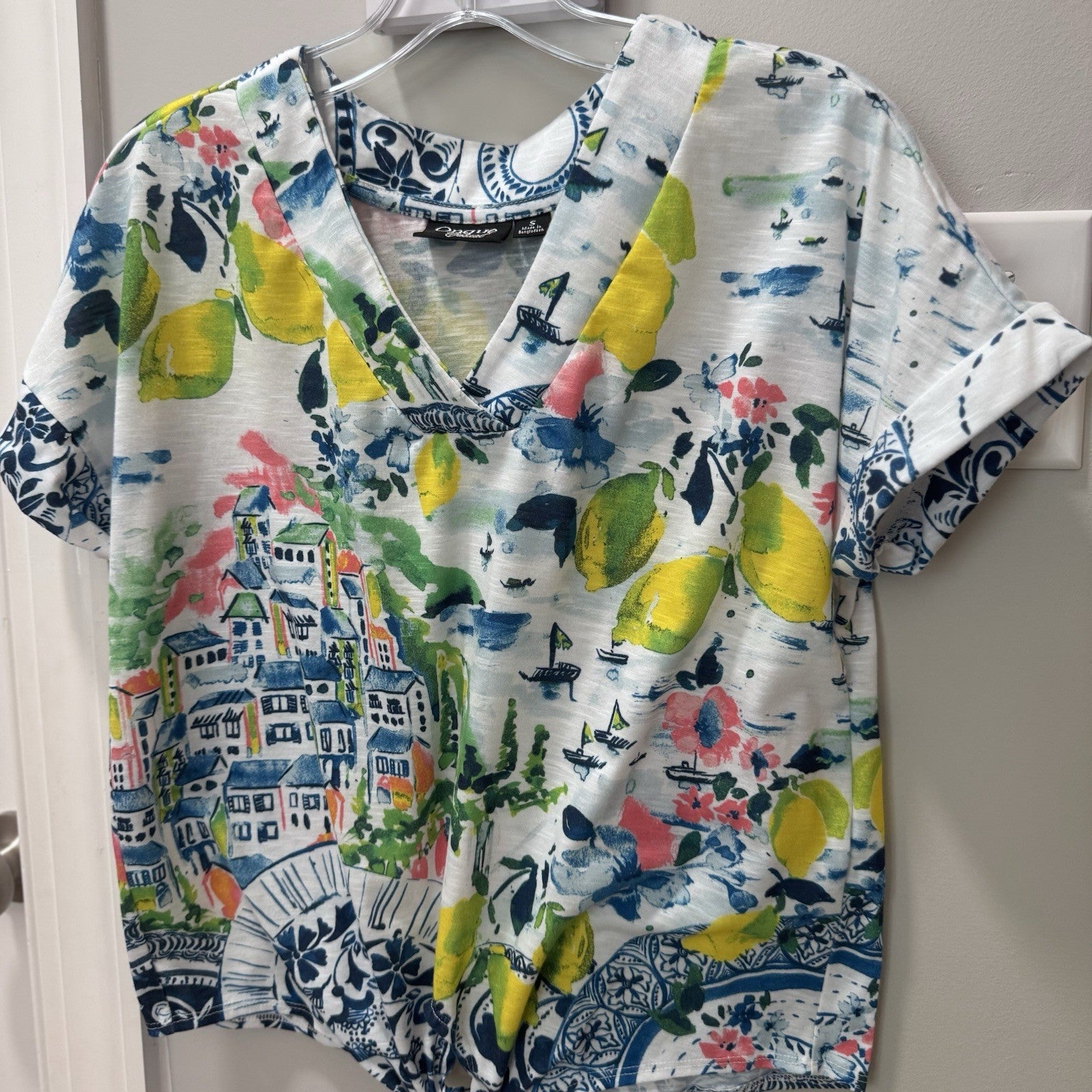 Onque Casual Lemon Village Print Tie Front Blouse Top Small S RN#129494