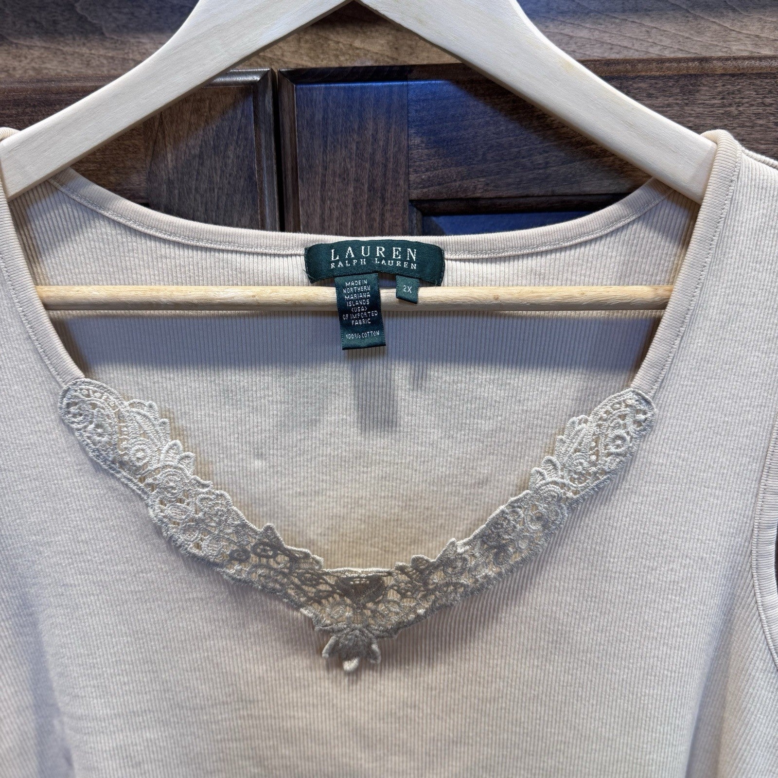 Lauren Ralph Lauren Beige Ribbed Tank Top 2X Lace Trim V-Neck Sleeveless Cotton