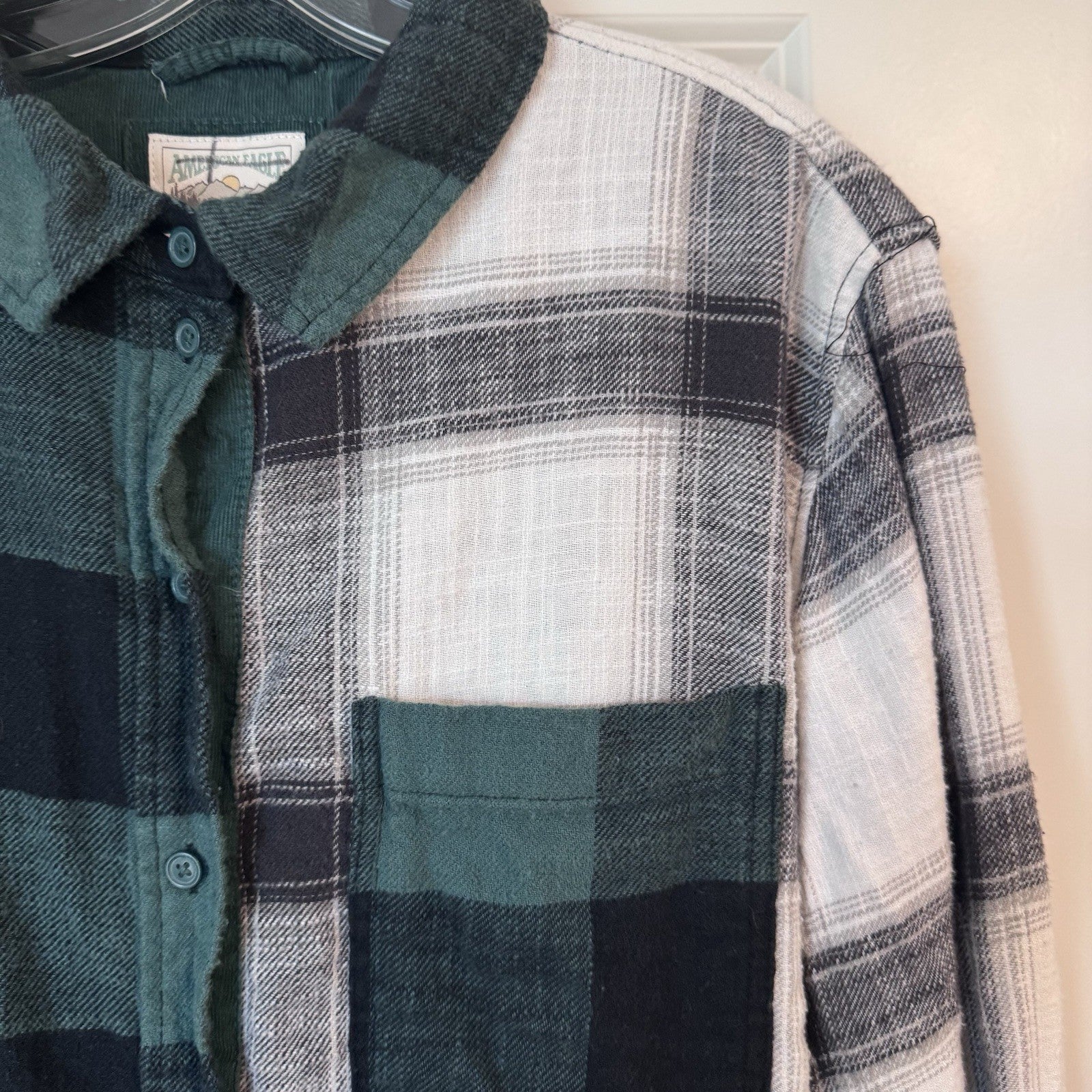 American Eagle Patchwork Plaid Flannel Shirt Women’s M Green Black Cotton