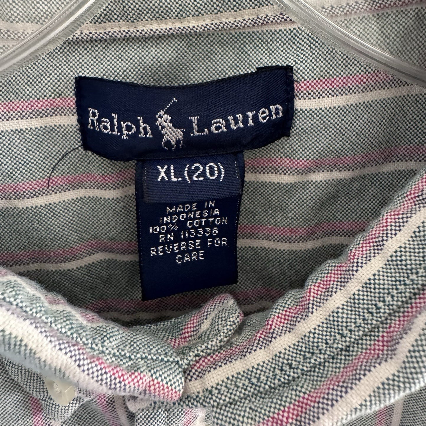 VTG Ralph Lauren Boys XL Button Down Shirt Green Pink Stripe Oxford Long Sleeve