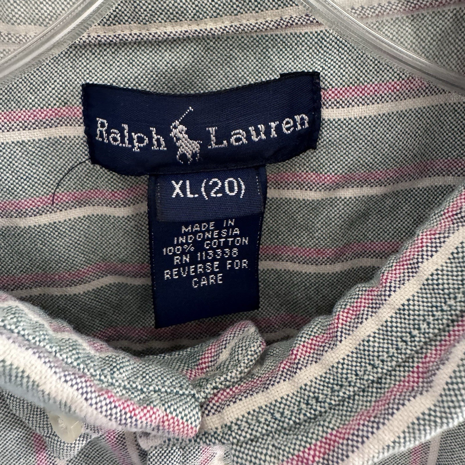 VTG Ralph Lauren Boys XL Button Down Shirt Green Pink Stripe Oxford Long Sleeve