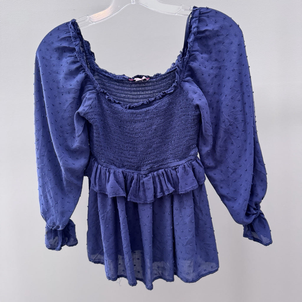 Pink Lily Navy Swiss Dot Top S Long Sleeve Smocked Peplum Ruffle Blouse