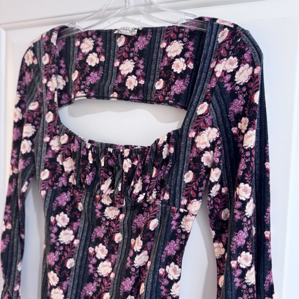 Free People Floral Long Sleeve Bodysuit Cutout Back Pink Purple Size S