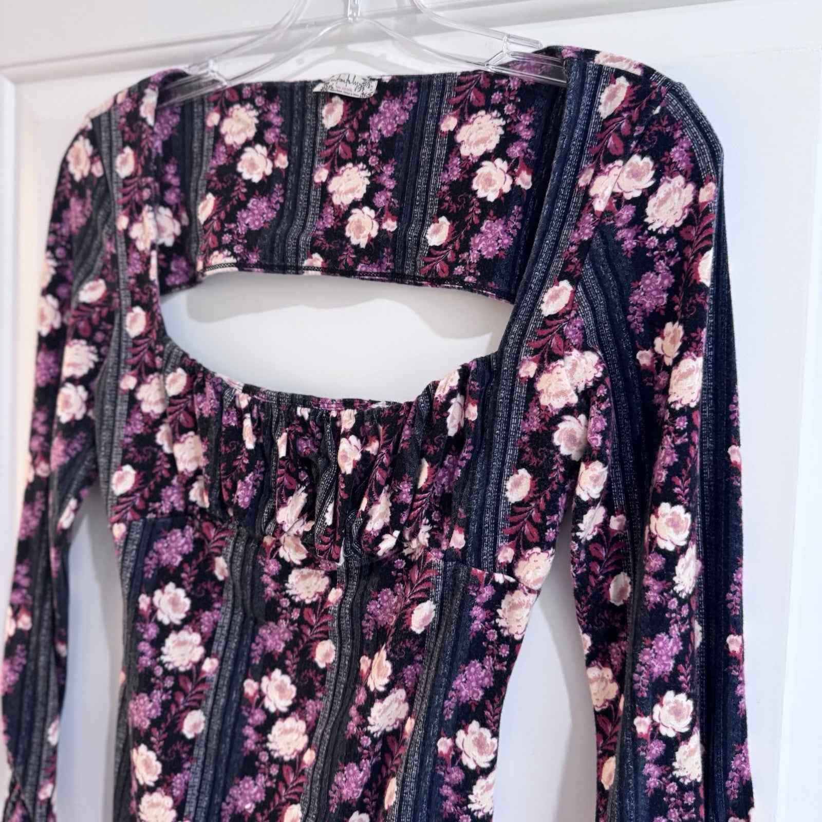 Free People Floral Long Sleeve Bodysuit Cutout Back Pink Purple Size S