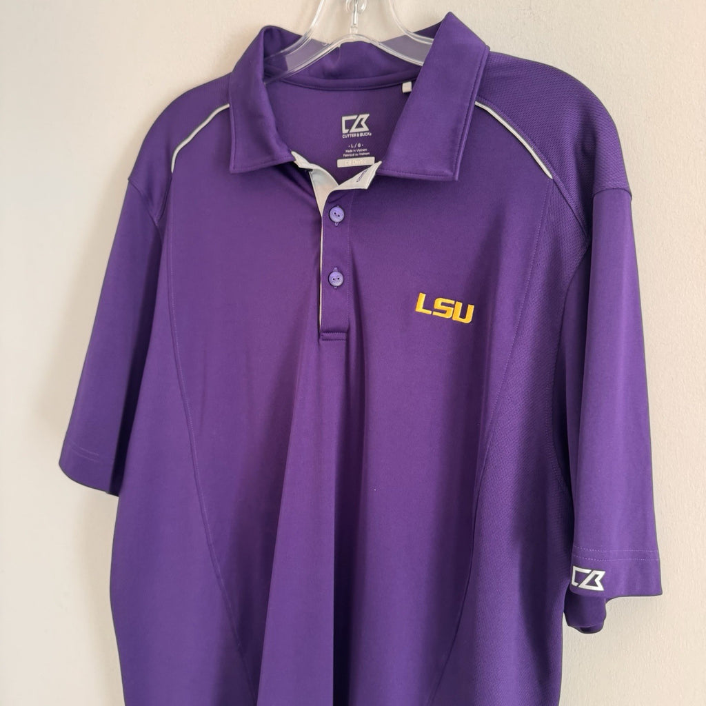 LSU Tigers Polo Shirt Cutter & Buck CB DryTec Purple Golf Polo L 
