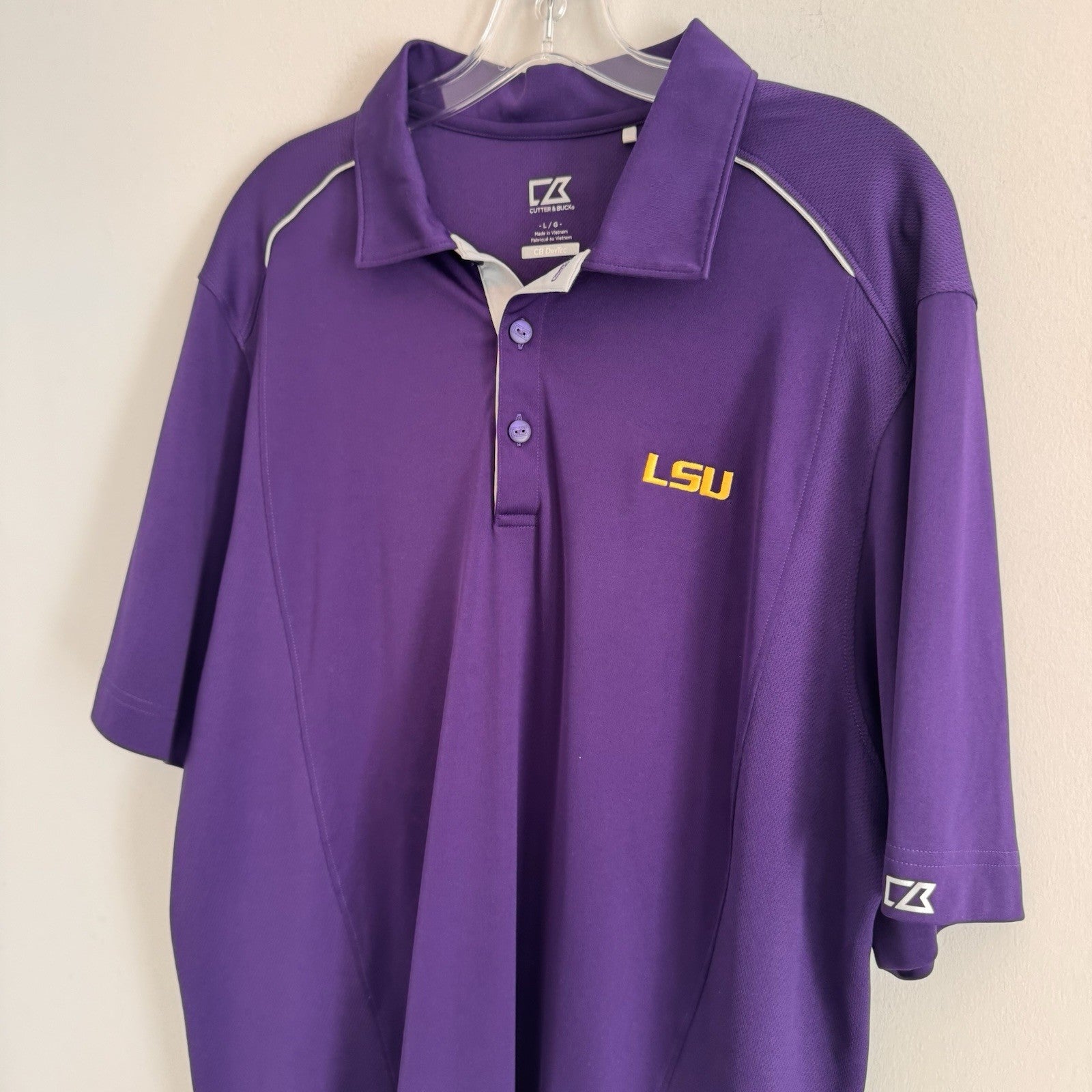 LSU Tigers Polo Shirt Cutter & Buck CB DryTec Purple Golf Polo L 