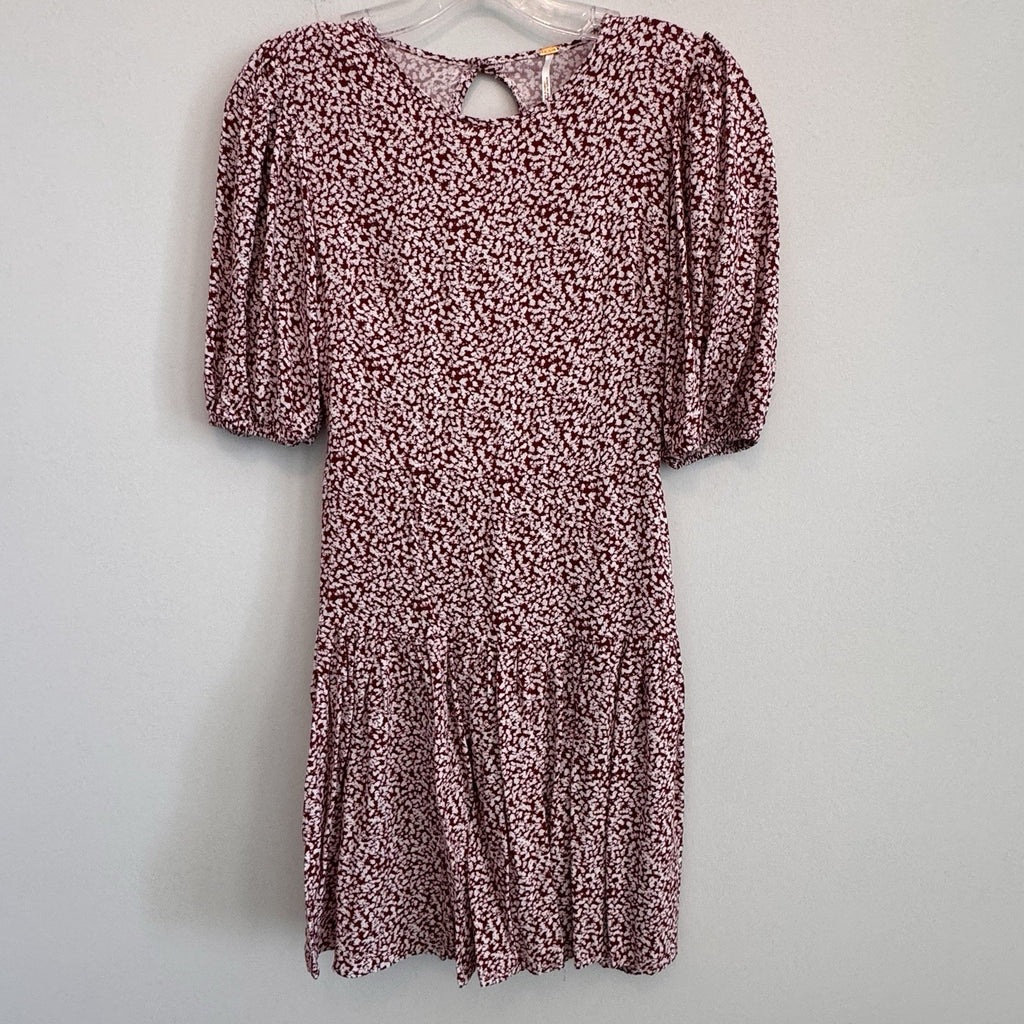 Free People XS Red White Floral Open Back Puff Sleeve Mini Dress Viscose Womens
