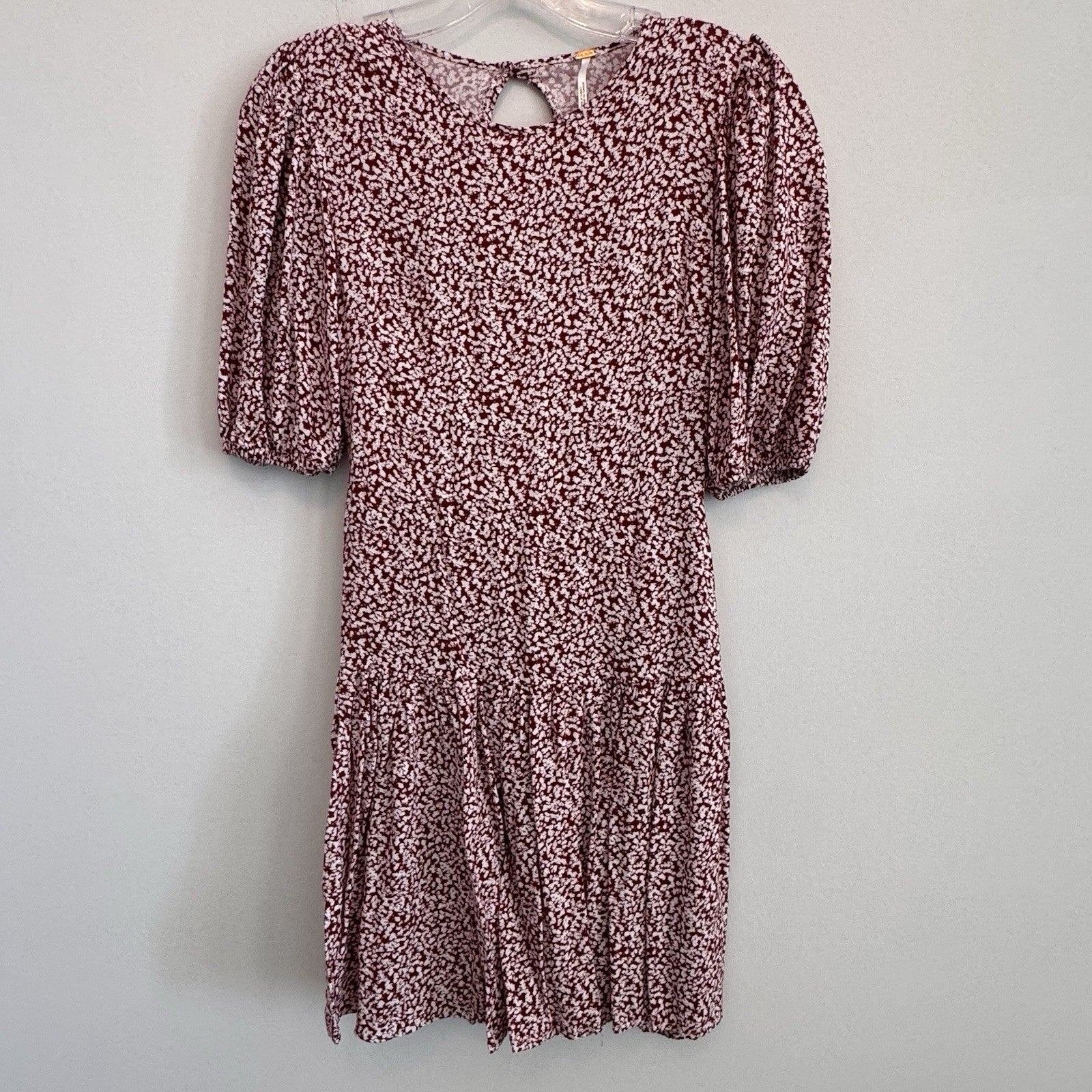 Free People XS Red White Floral Open Back Puff Sleeve Mini Dress Viscose Womens