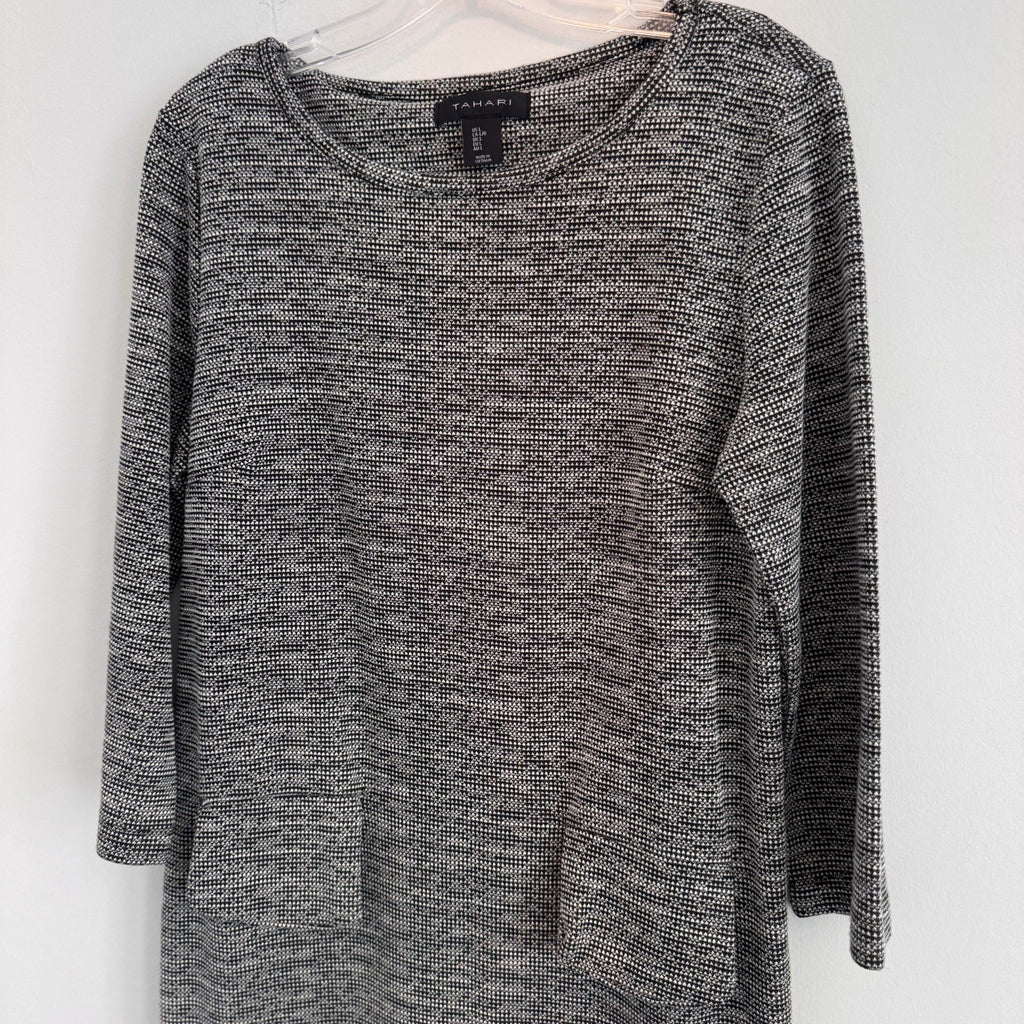 Tahari Black White Textured Knit Shift Dress Large L 3/4 Sleeve Pockets Career