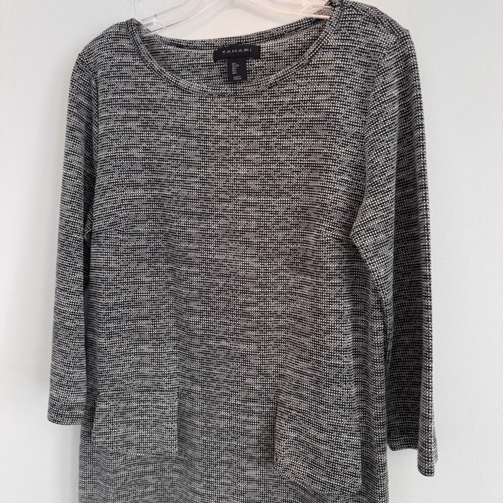 Tahari Black White Textured Knit Shift Dress Large L 3/4 Sleeve Pockets Career