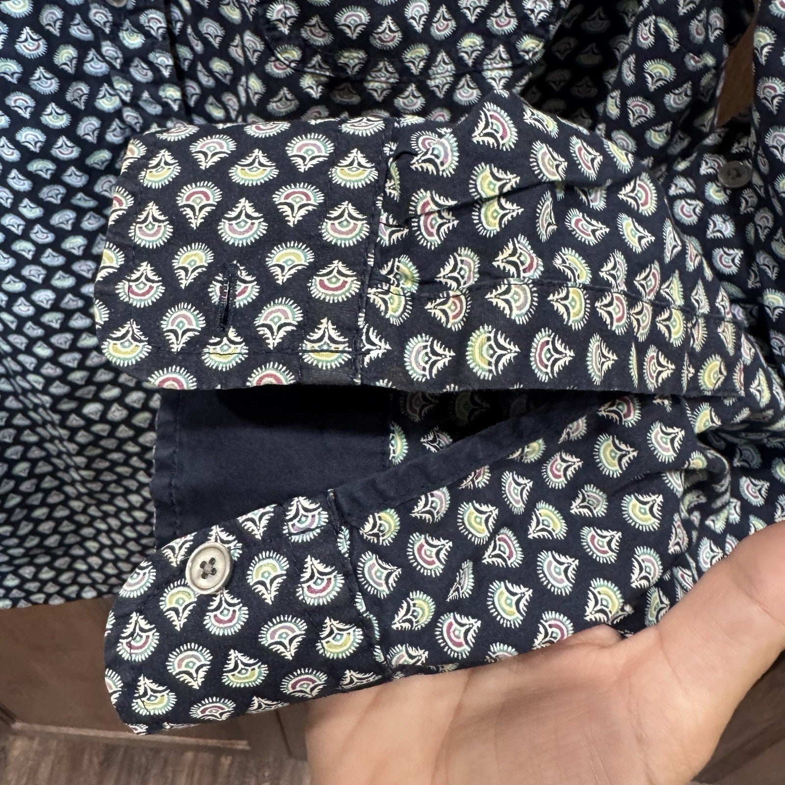 Talbots Button Down Shirt Size 16 Navy Multicolor Paisley Print 