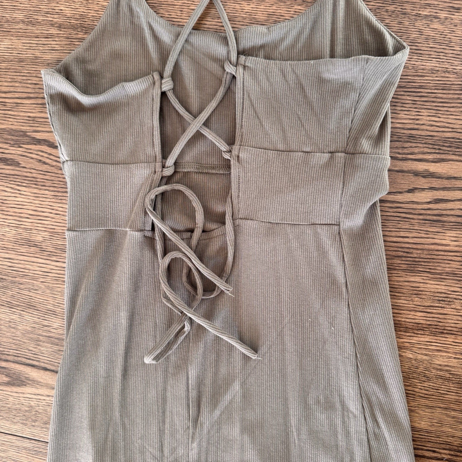HALARA Ribbed Lace Up Back Split Hem Midi Dress Olive Brown Medium NWT