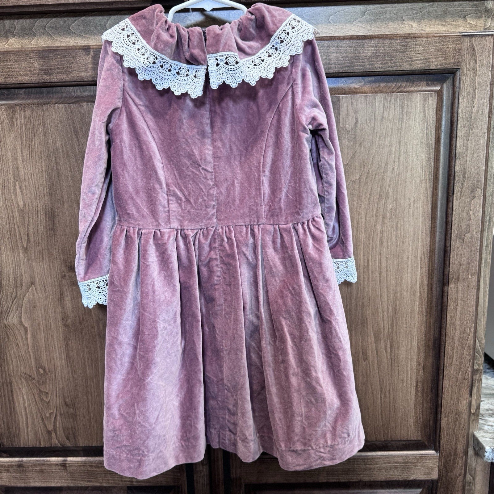 La Coqueta Velvet Pink Long Sleeve Dress with Lace Trim | Size 8 | 100% Cotton
