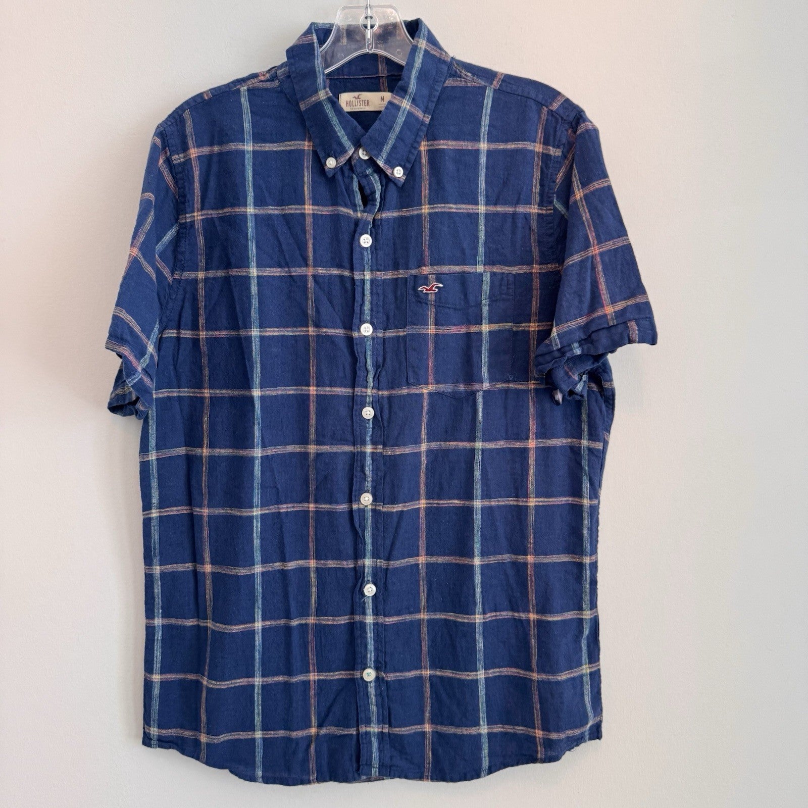 Hollister Plaid Button Down Shirt Mens M Blue Cotton Blend Short Sleeve Casual 