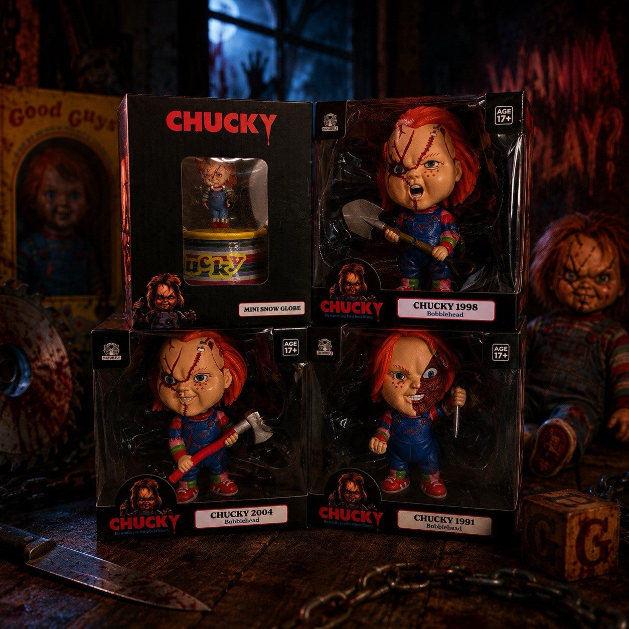 Chucky Bobblehead Lot CultuFly 1991 1998 2004 + Mini Snow Globe Horror NIB RARE