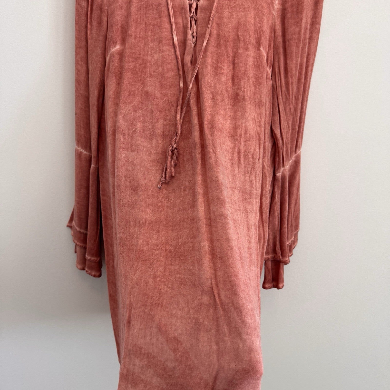 Entro Women’s Medium Rust Bell Sleeve Lace Up Boho Mini Dress Peasant Tunic