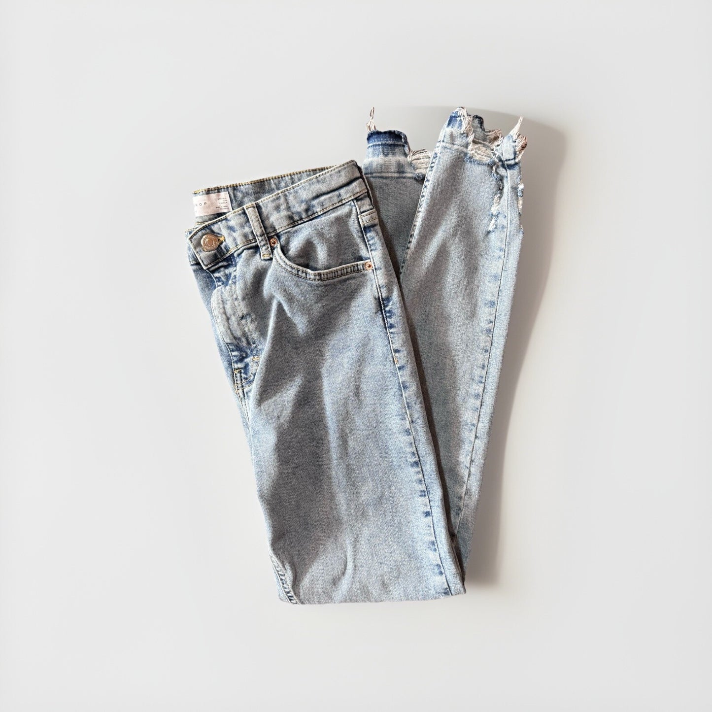 Topshop Jamie High Waist Skinny Jeans | W30 L32 | Distressed Hem | Light Wash