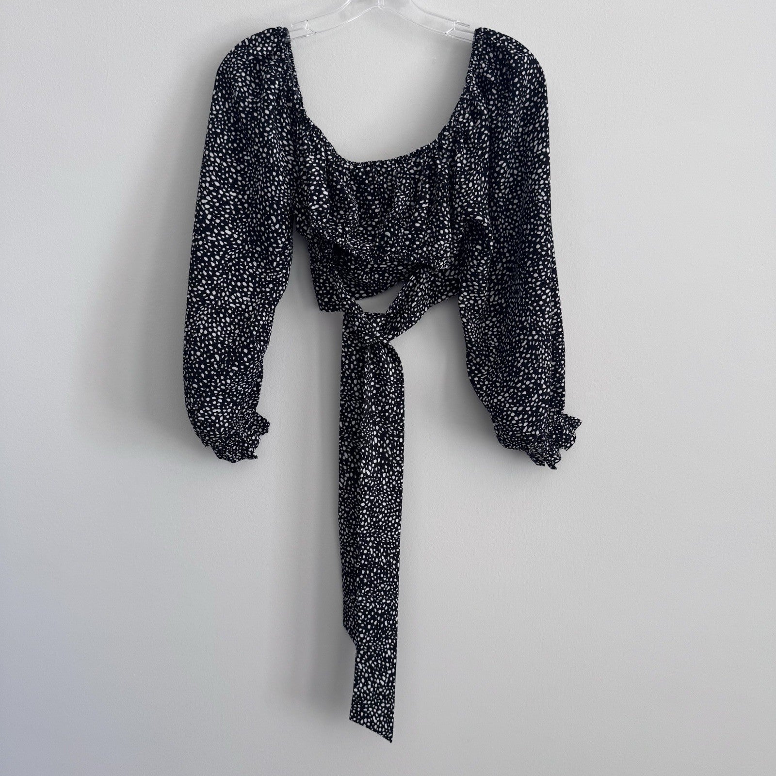 Altar’d State Black Polka Dot Tie Back Crop Top Small Puff Sleeve