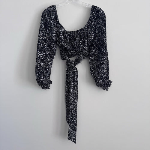 Altar’d State Black Polka Dot Tie Back Crop Top Small Puff Sleeve