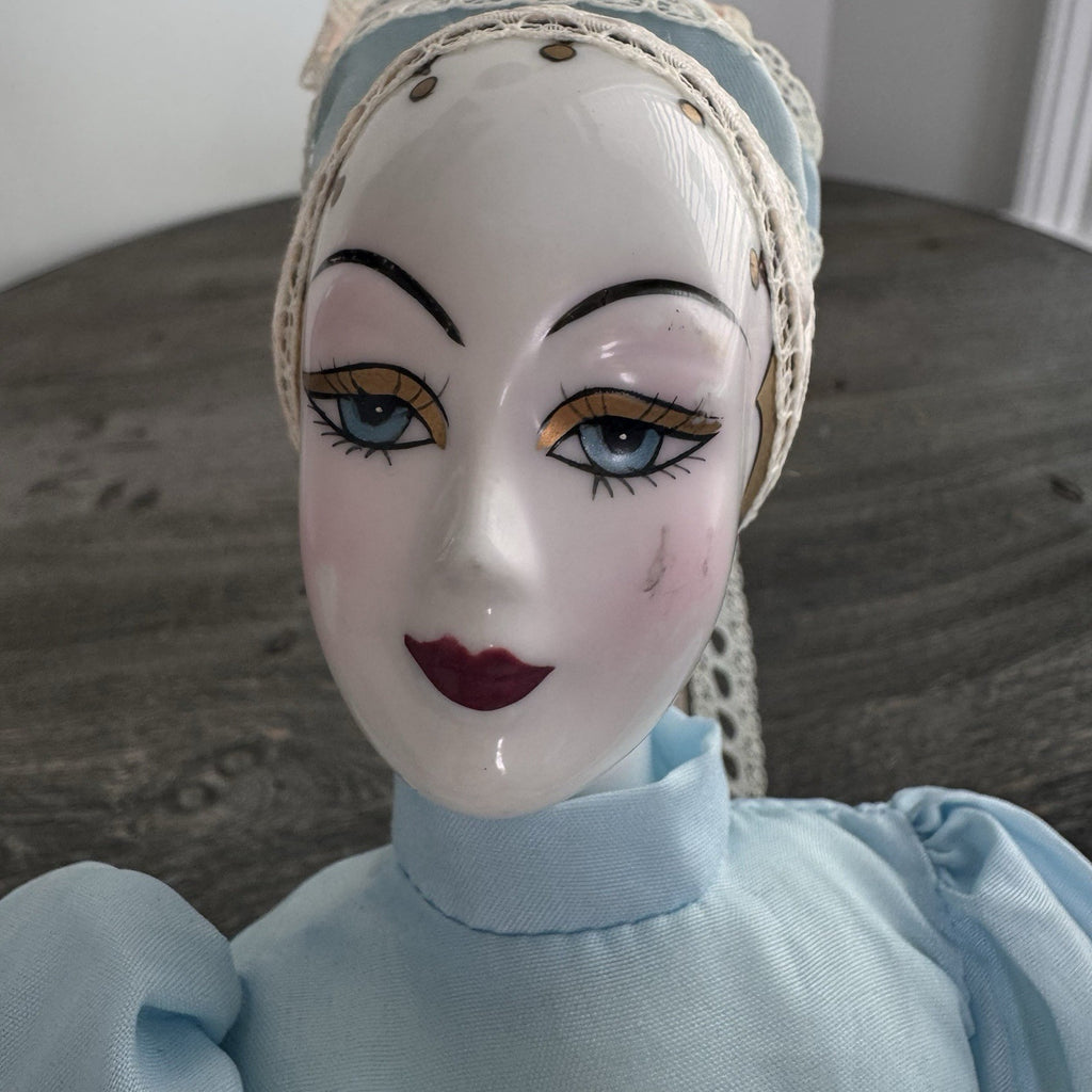 Vintage Porcelain Pierrot Doll Seated Blue Satin Lace French Harlequin 18" Shelf