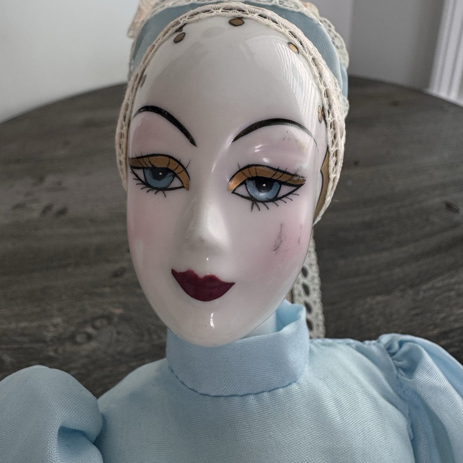 Vintage Porcelain Pierrot Doll Seated Blue Satin Lace French Harlequin 18" Shelf