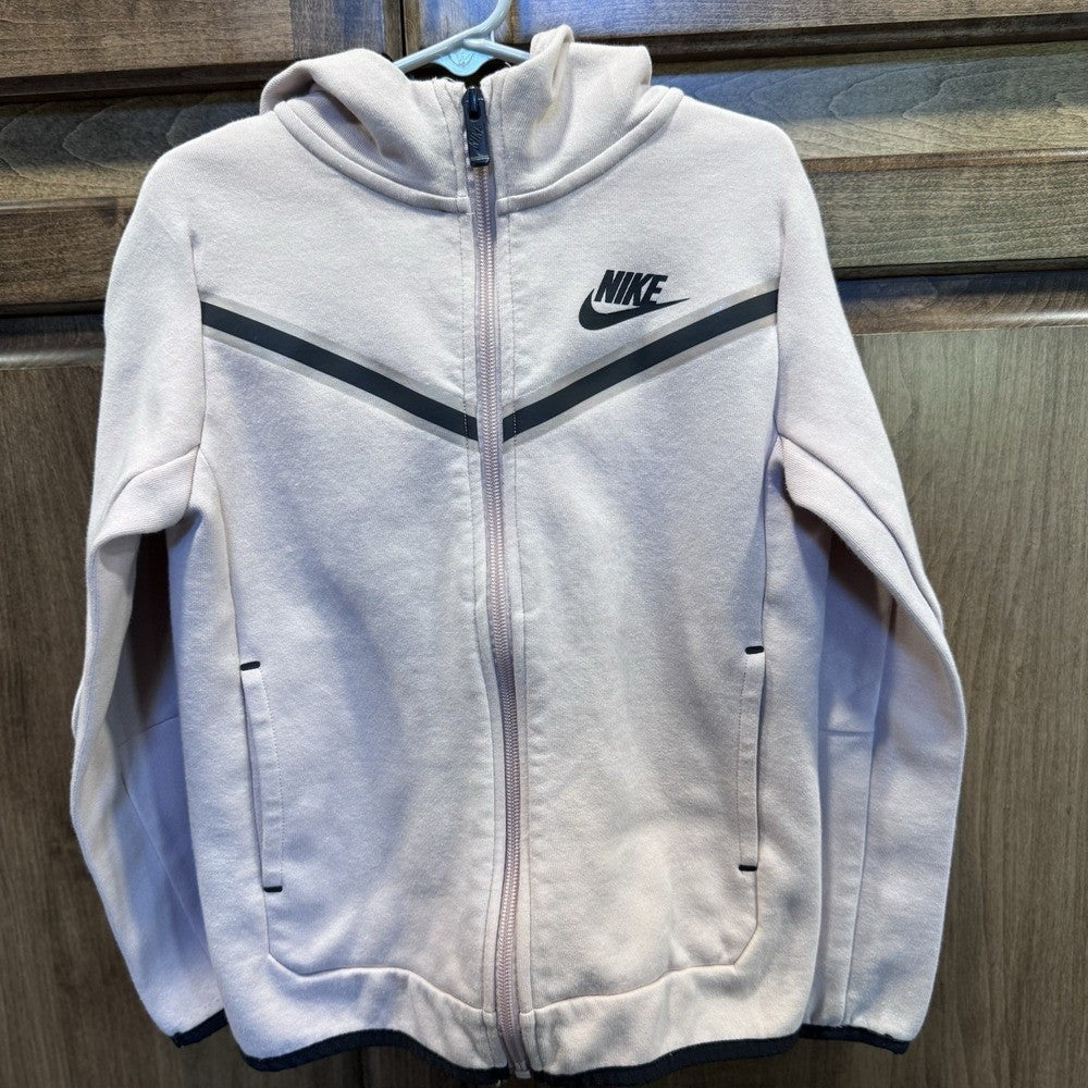 Nike Kids Full Zip Hoodie Size 6 Pink Black Swoosh Logo Jacket 5-6 Yrs