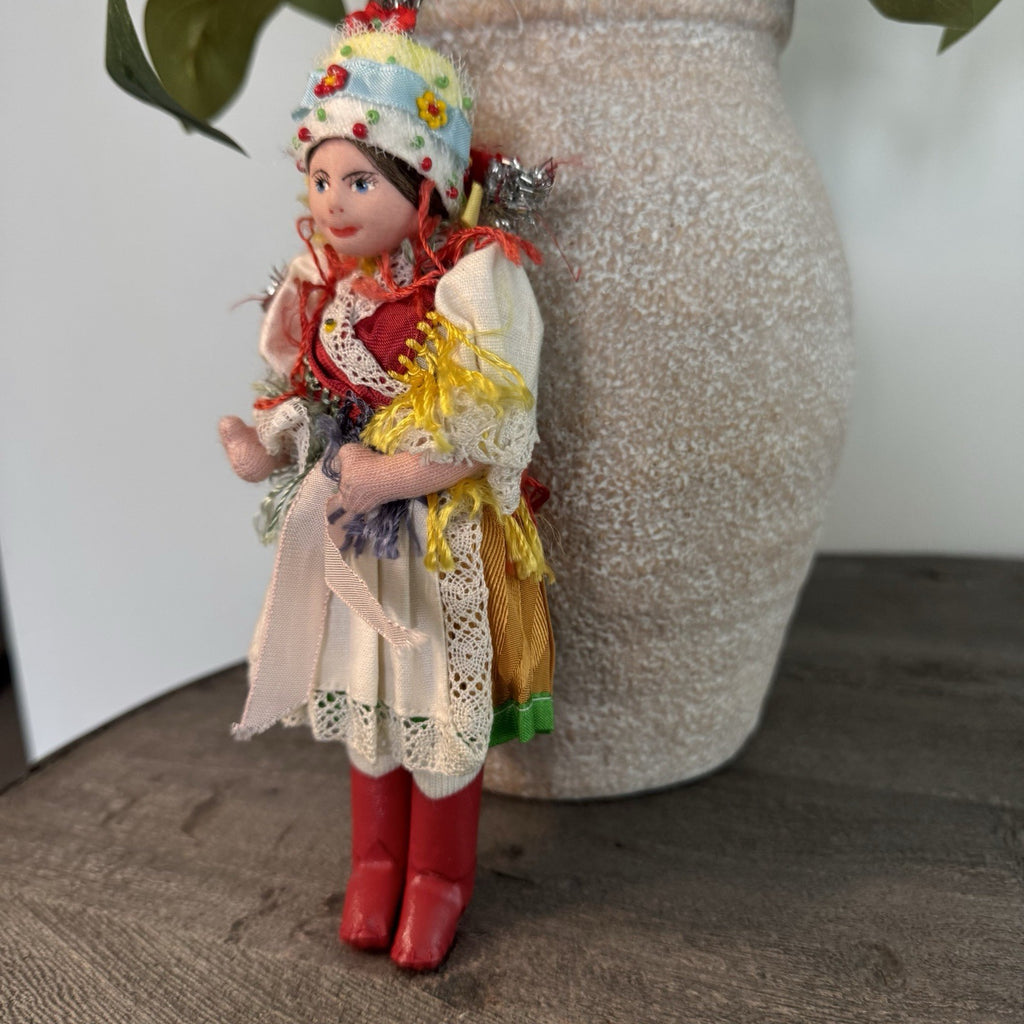Vintage Eastern European Folk Doll 7" Cloth Costume Red Boots Polish Hungarian