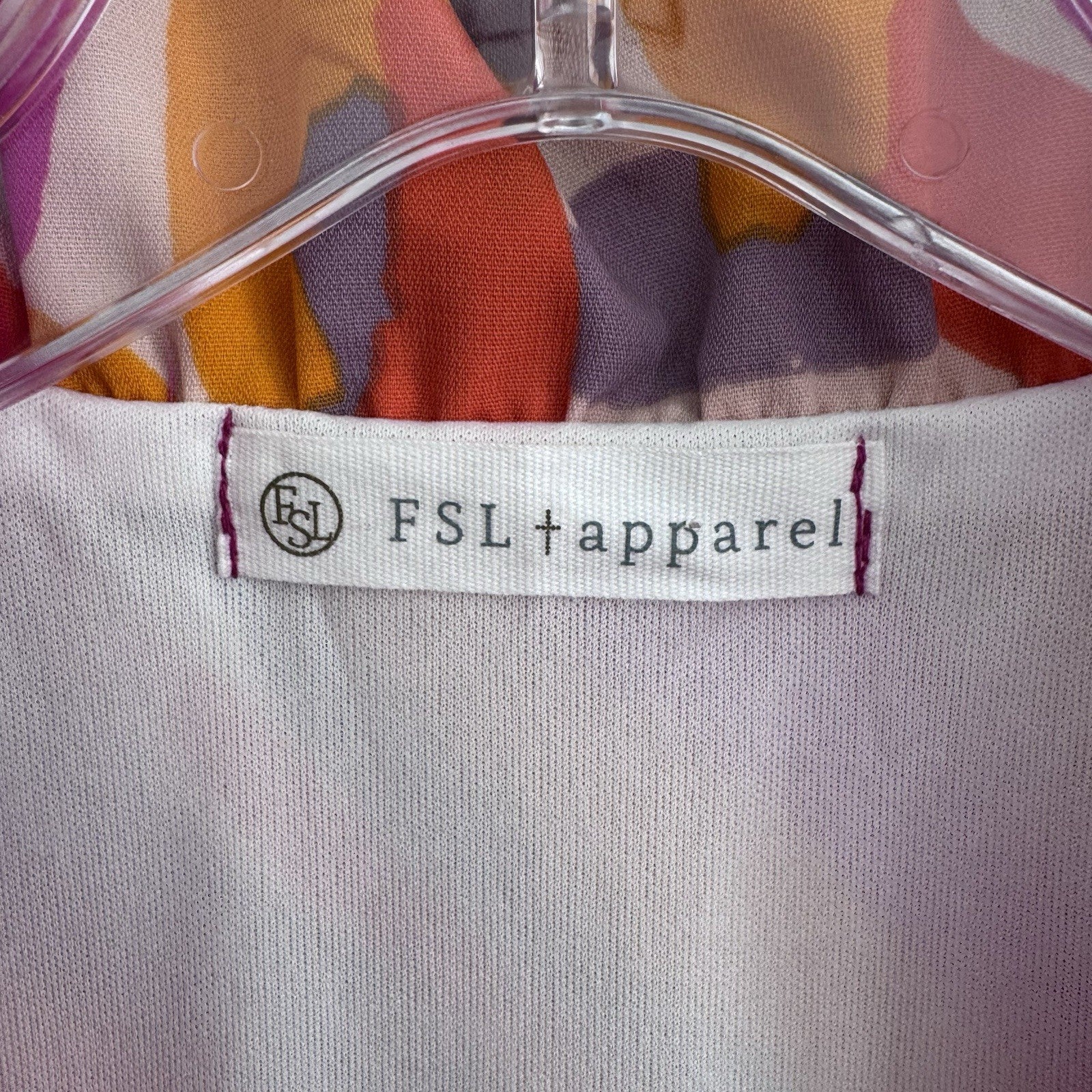 FSL Apparel Sleeveless Ruffle Dress L Pink Orange Abstract Print NWOT