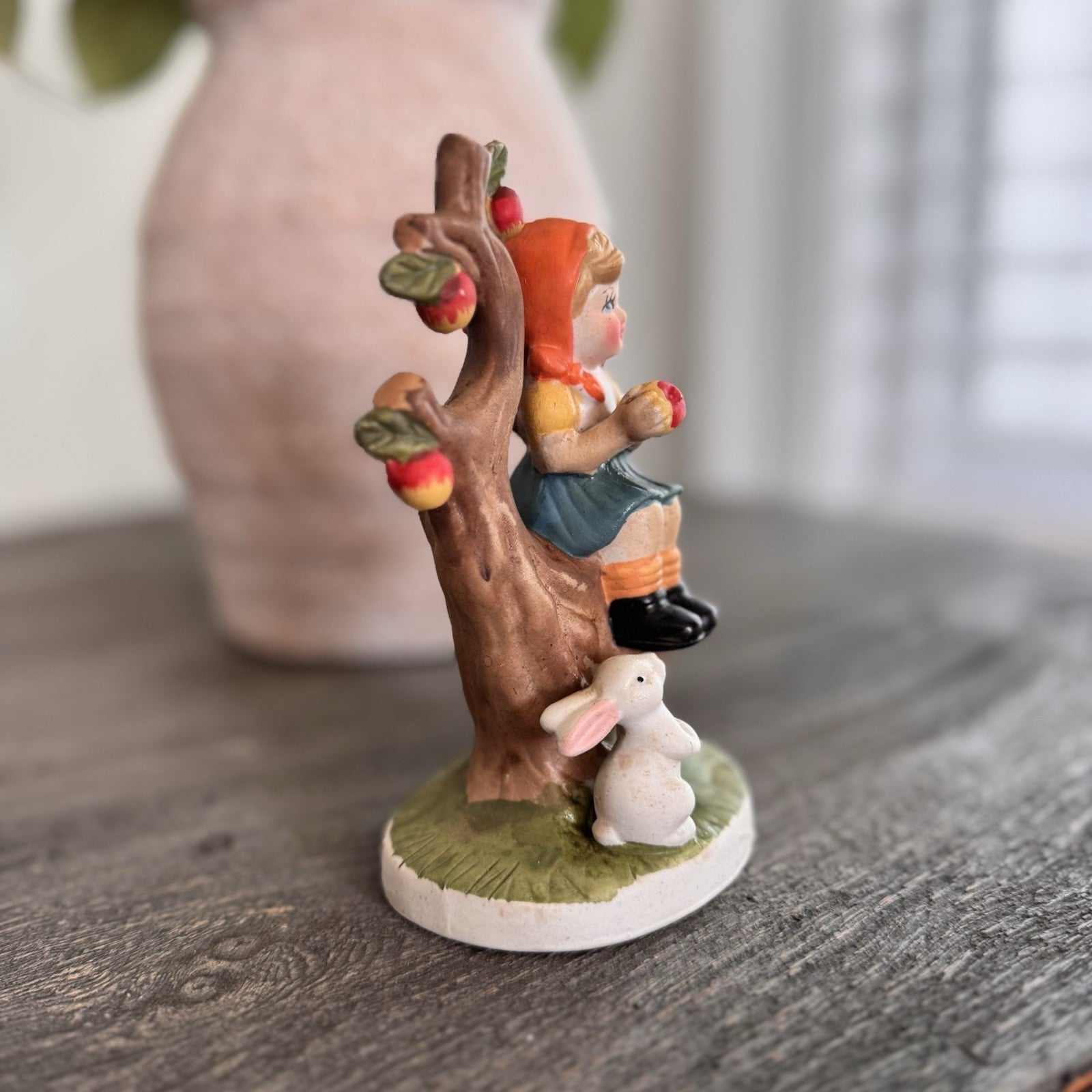 Vintage Ceramic Girl in Apple Tree Figurine with White Rabbit Hand Painted '95