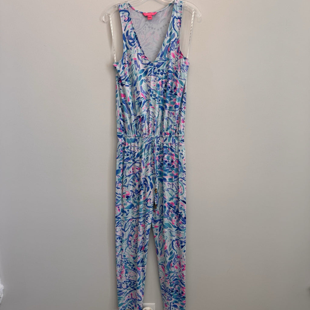 Lilly Pulitzer Donna Jumpsuit Small S Blue Pink Paisley Knit Sleeveless V-Neck
