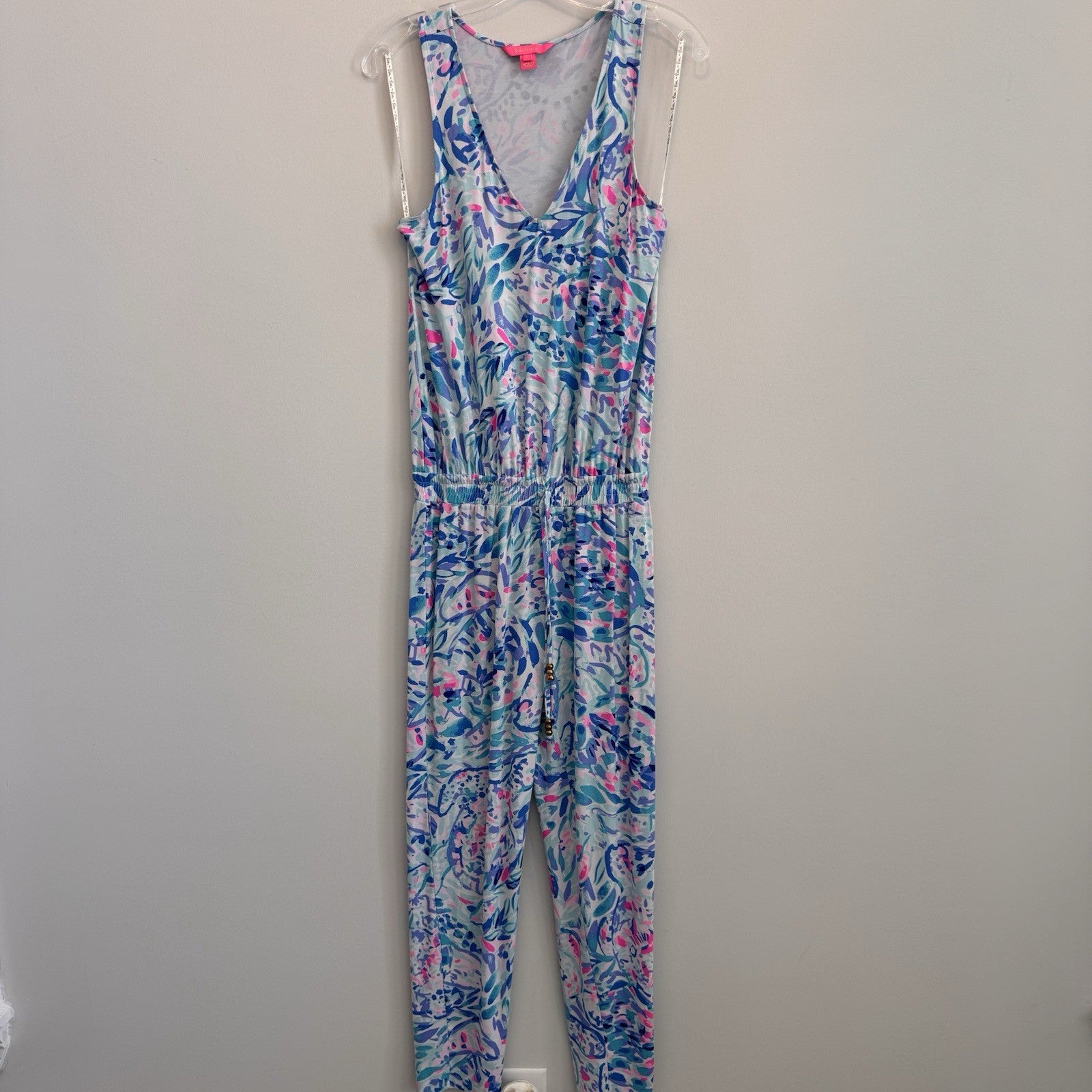 Lilly Pulitzer Donna Jumpsuit Small S Blue Pink Paisley Knit Sleeveless V-Neck