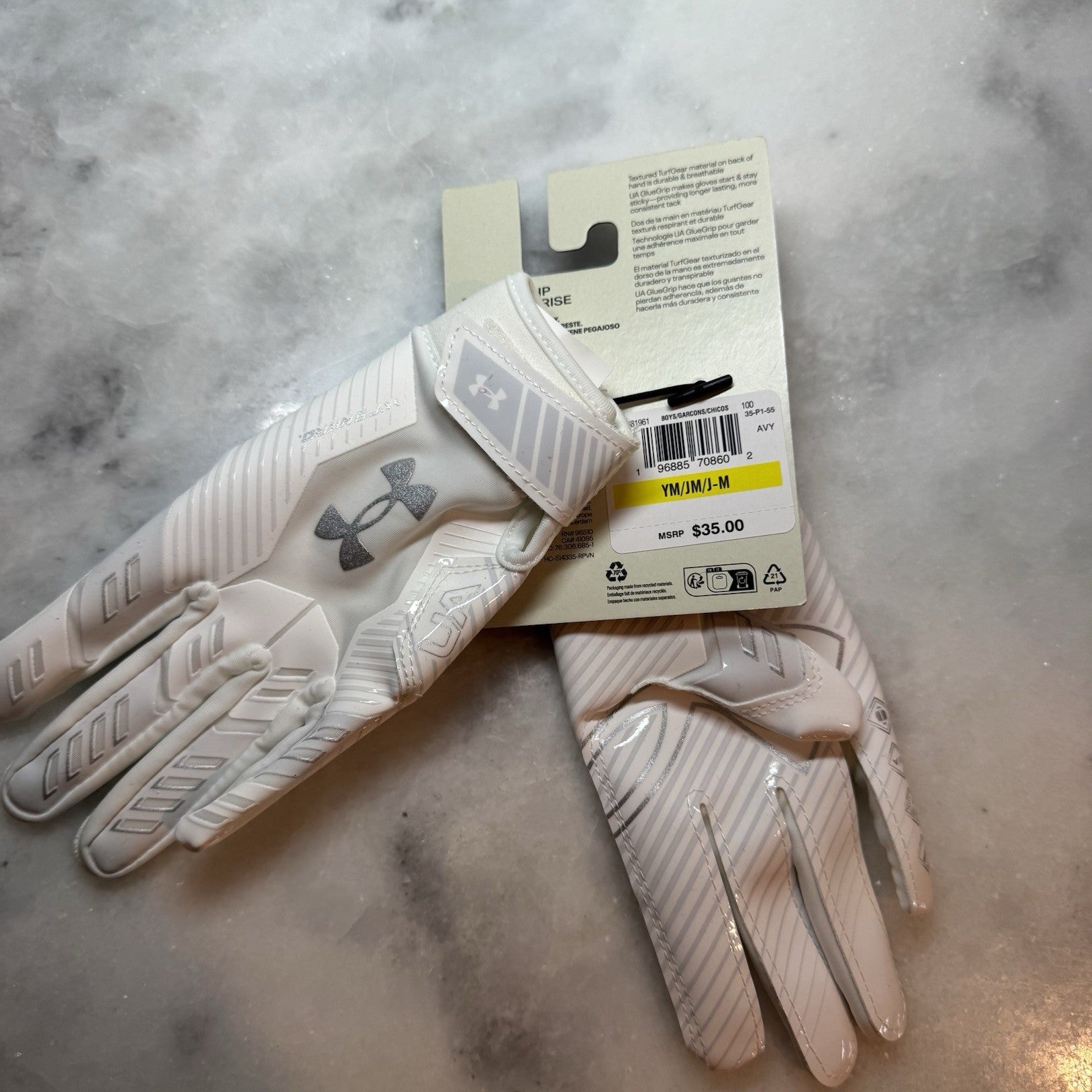 Under Armour UA F9 Nitro Football Gloves Youth Medium White Silver NWT