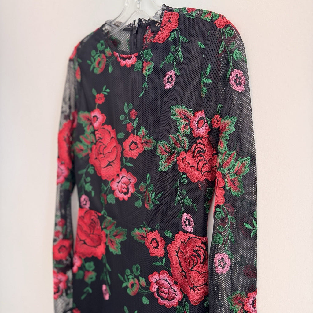 Nasty Gal Collection Women's S Black Mesh Red Rose Floral Embroidered Mini Dress